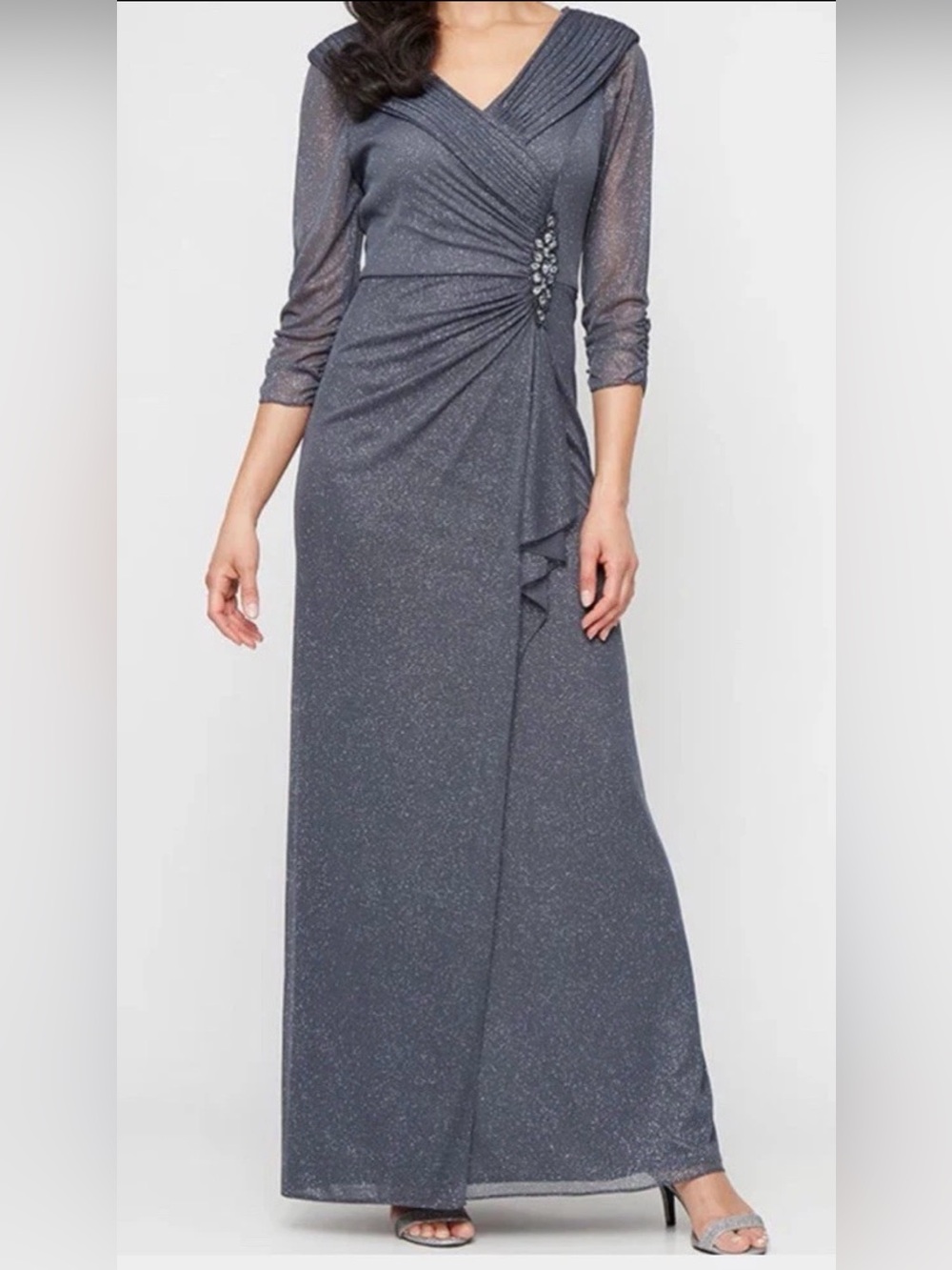 SZ 16P Alex Evenings GLITTER MESH DRESS EMBELLISHED WAIST Gray Mother Of Bride